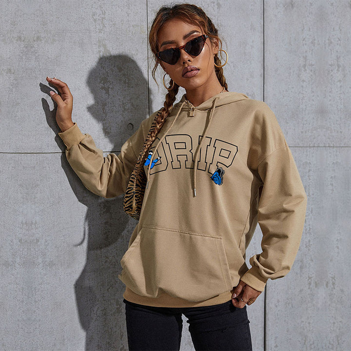 Damen Oversize-Kapuzenpullover mit Kängurutasche und Schmetterling-Stickerei Echoarchiv