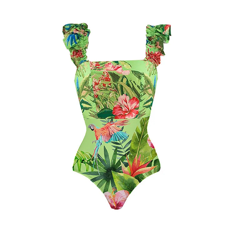 Damen Einteiler Badeanzug mit floralem Muster und Rüschendetails Echo Archiv