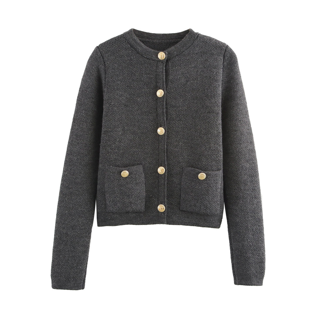 Damen Kurzgeschnittener Bouclé-Cardigan mit Rundhals, Pattentaschen und Münzknöpfen Echo Archiv
