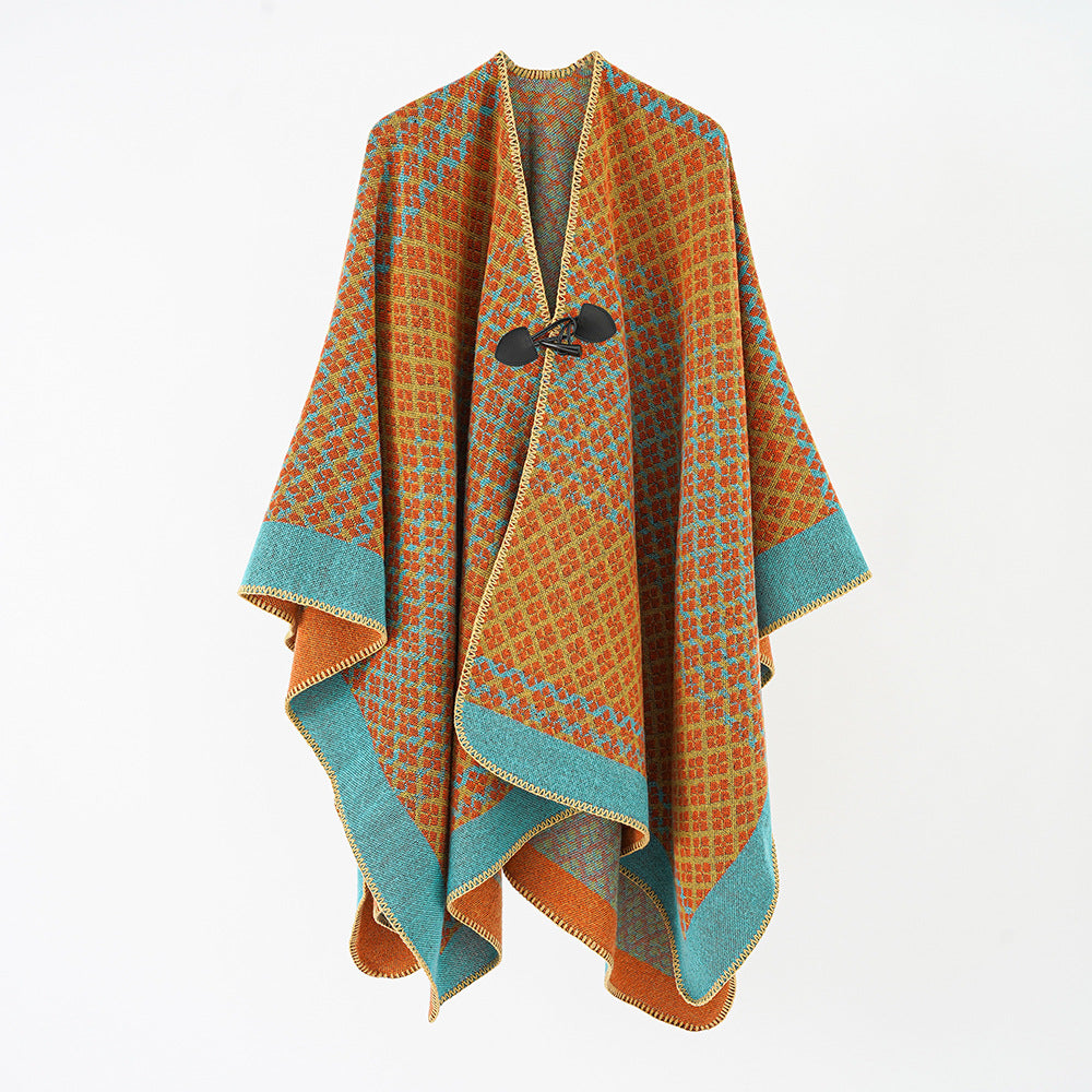 Damen Wollponcho mit geometrischem Karomuster und Knebelverschluss Echo Archiv