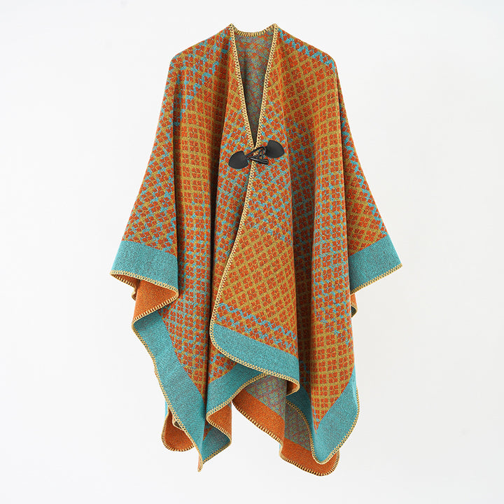 Damen Wollponcho mit geometrischem Karomuster und Knebelverschluss Echo Archiv