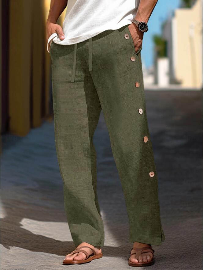 Herren Leinenhose mit seitlichen Knopfdetails und lockerer Passform Echoarchiv
