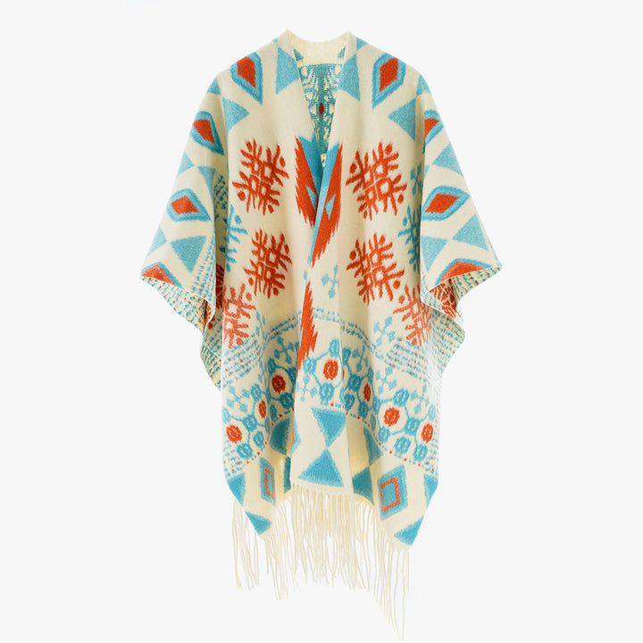 Damen Jacquard Überwurfcape aus feinem Strick mit Paisley-Bordüre Echo Archiv