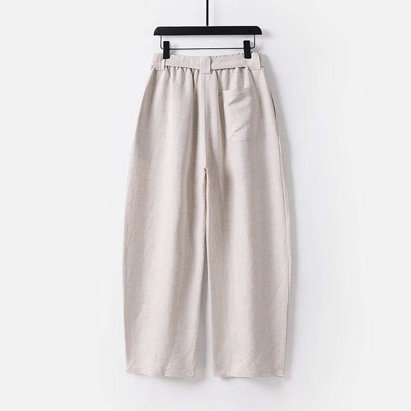 Damen Hochgeschnittene weite Leinenmix-Hose mit Bundfalten und Stoffgürtel Echoarchiv