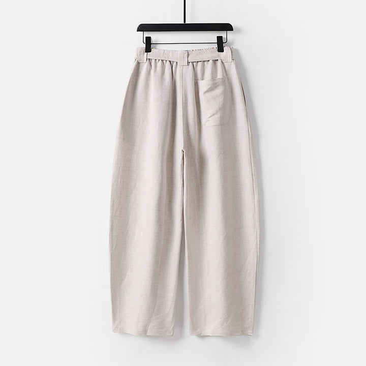 Damen Hochgeschnittene weite Leinenmix-Hose mit Bundfalten und Stoffgürtel Echoarchiv
