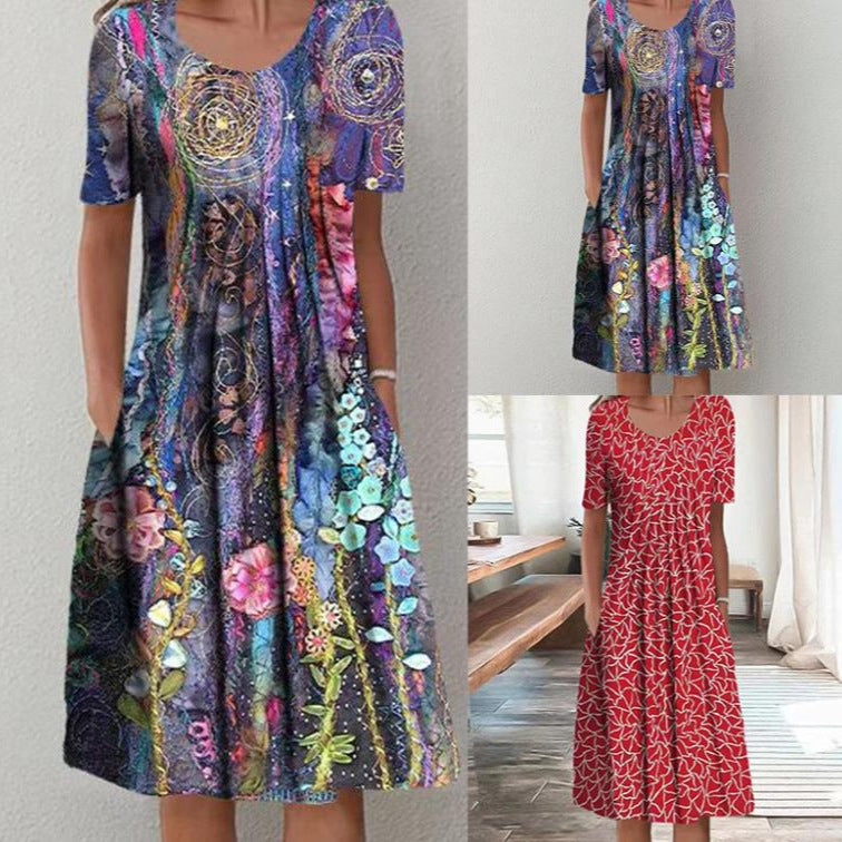 Frauen Mehrfarbige A-Linien Midi Kleid mit Taschen und Abstraktem Blumenmuster – Élara
