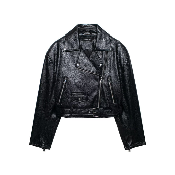 Damen Kurz geschnittene Biker-Lederjacke mit tailliertem Gürtel, asymmetrischer Reißverschluss und Strukturleder Echo Archiv