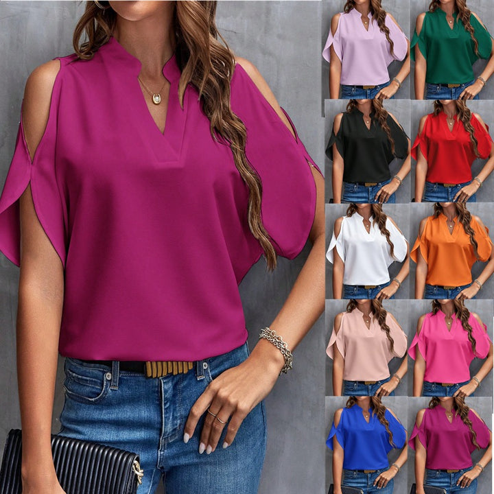 Damen Schulterfreie Chiffonbluse mit V-Ausschnitt und Stehkragen – Élovi