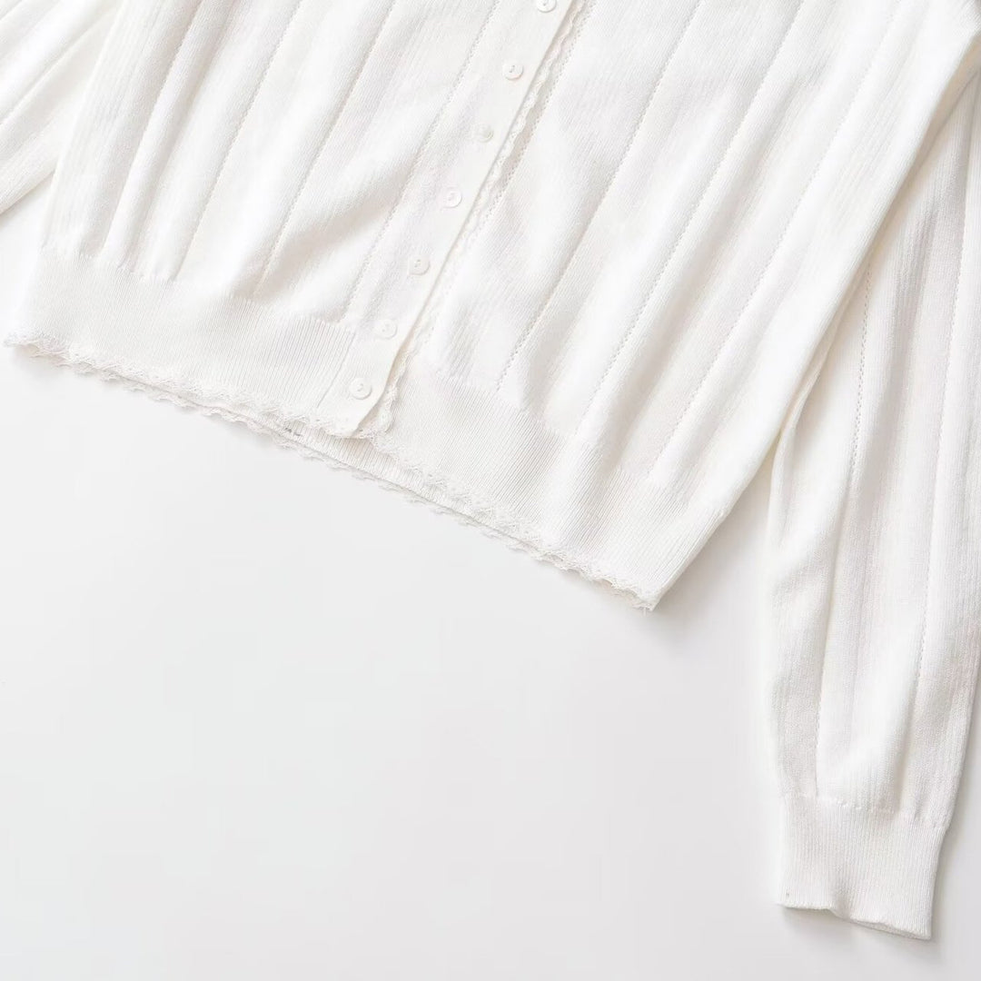 Damen Leichte Feinstrick-Cardigan mit Knopfleiste, Spitzenkante und Rippstruktur Echo Archiv