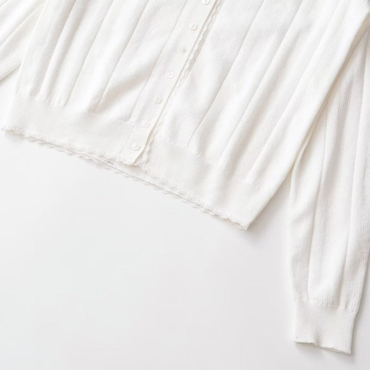 Damen Leichte Feinstrick-Cardigan mit Knopfleiste, Spitzenkante und Rippstruktur Echo Archiv