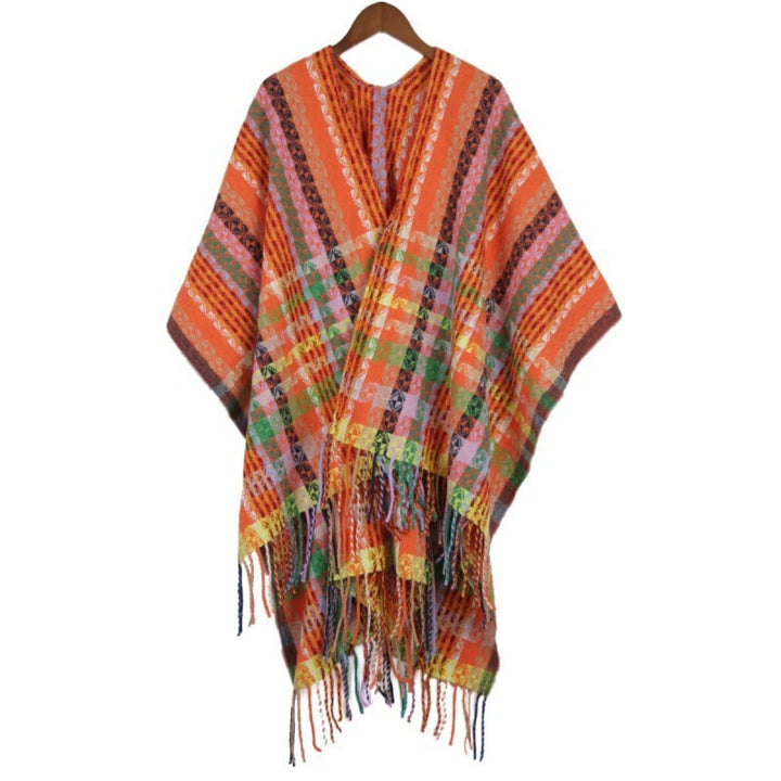 Damen Mehrfarbiger Web‑Poncho im Boho‑Patchwork‑Design mit Fransen Echo Archiv