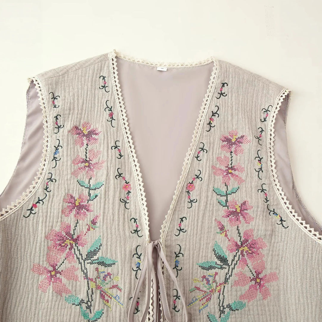 Damen nan bestickte Boho-Weste mit V-Ausschnitt, Front-Schnürung und zarter Spitzenborte Echo Archiv