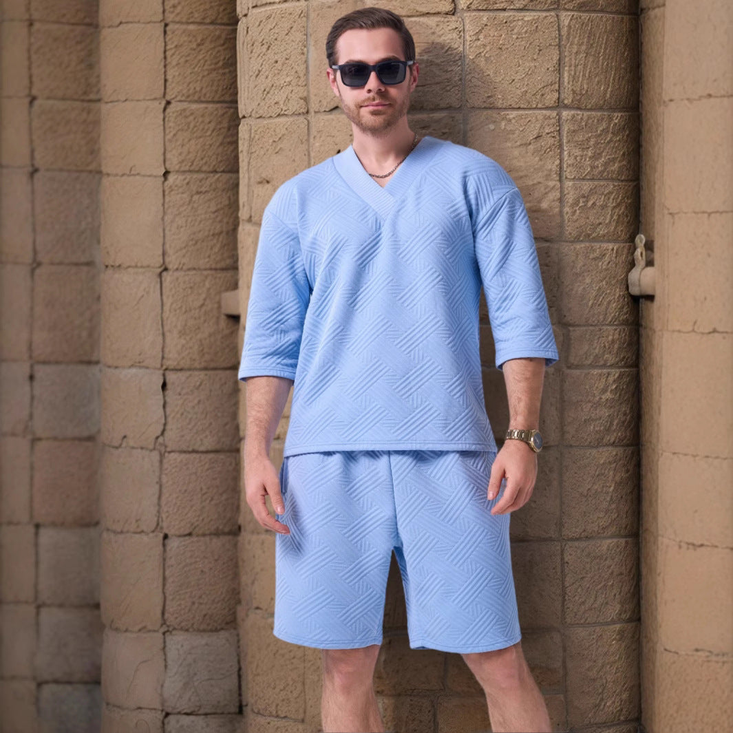 Herren lässiges Kurzarmshirt und Shorts-Set mit strukturiertem Design Echoarchiv