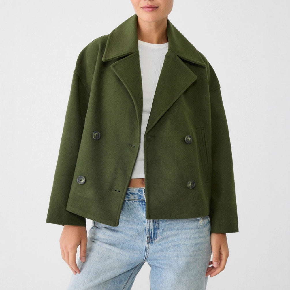 Damen nan kurz geschnittener Zweireiher Wollmix-Peacoat mit überbreitem Revers und kastiger Silhouette Echo Archiv