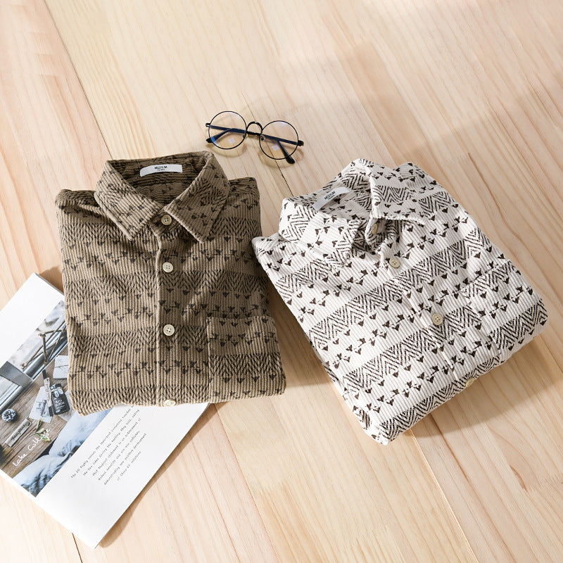 Herren Struktur-Kord-Hemdjacke im Vintage-Look mit Norweger-Motiv Echoarchiv