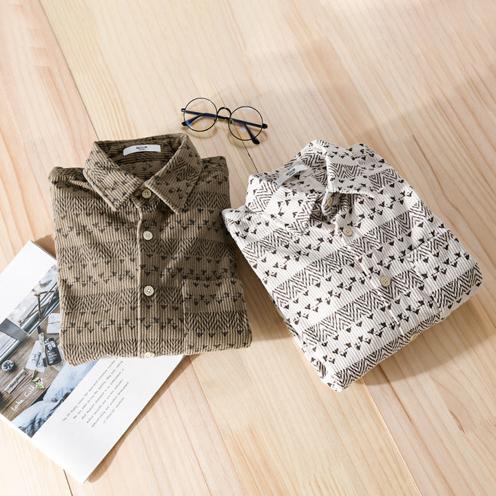 Herren Struktur-Kord-Hemdjacke im Vintage-Look mit Norweger-Motiv Echoarchiv