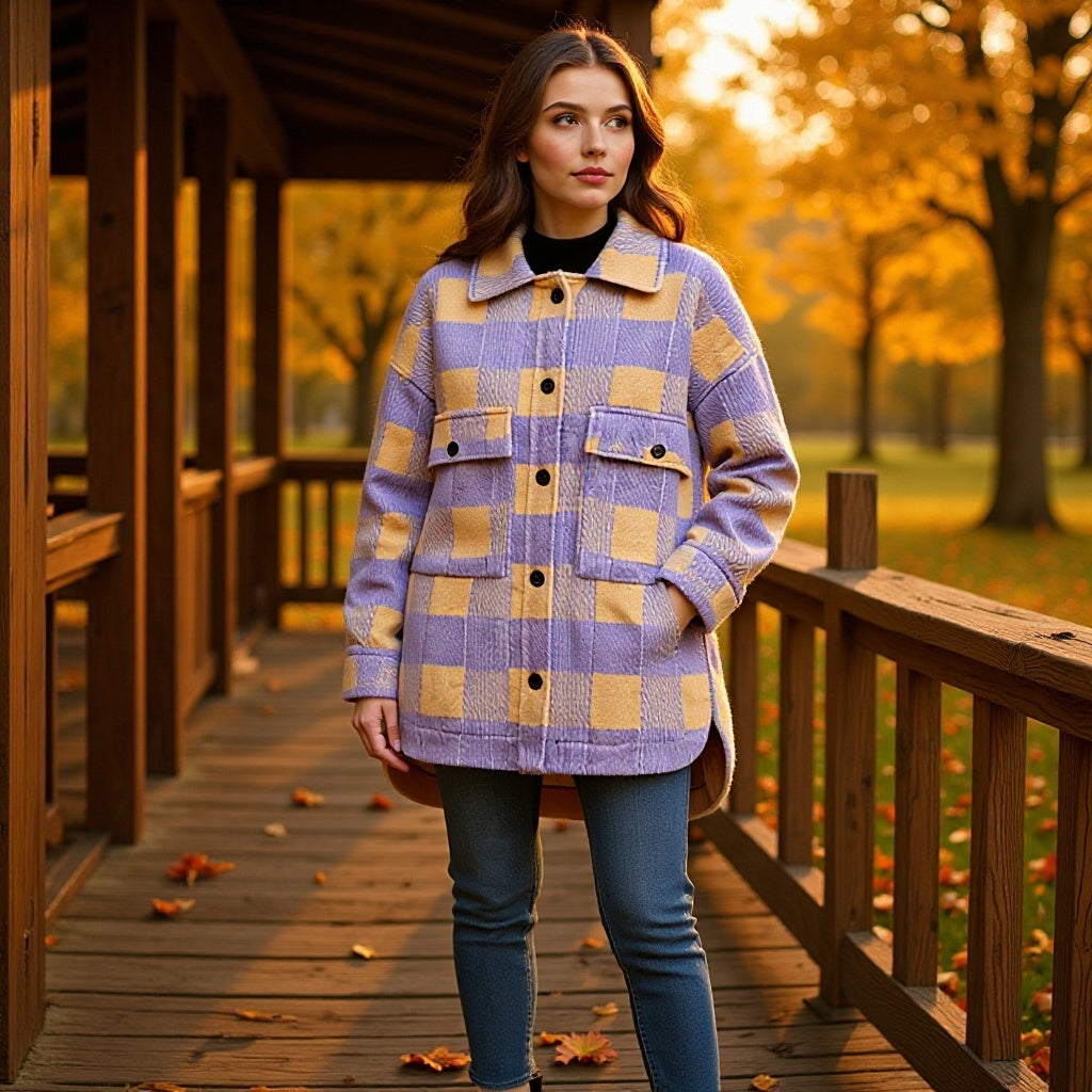 Damen Oversized Hemdjacke im Karo mit großen Pattentaschen und gerundetem Saum Echo Archiv
