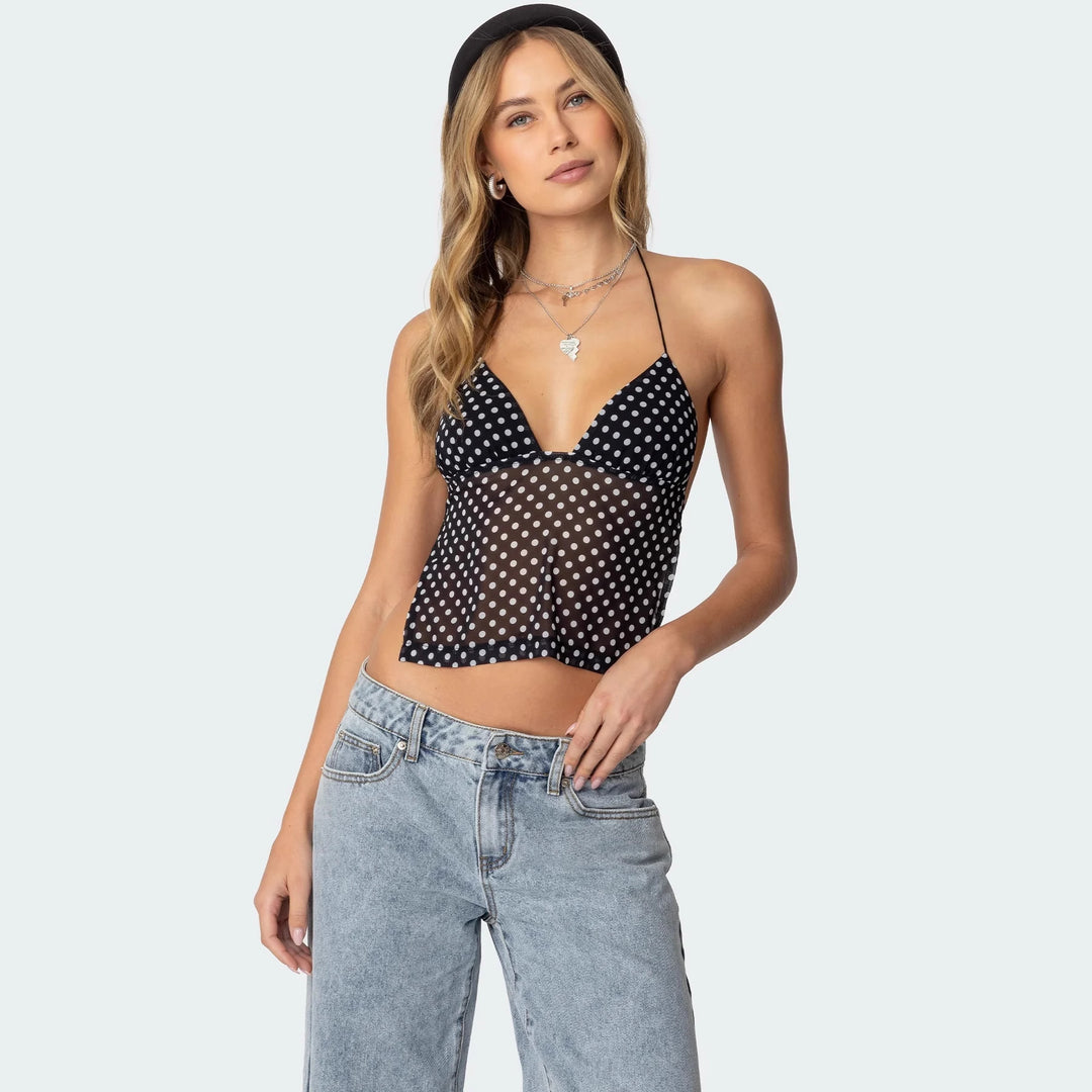Damen Polka Dot Top mit zarten Trägern und figurbetontem Schnitt Echo Archiv