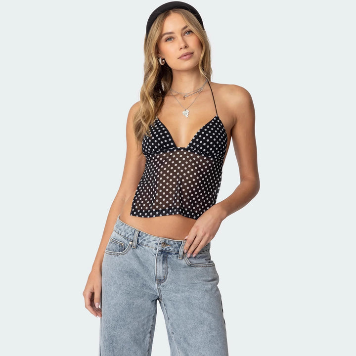 Damen Polka Dot Top mit zarten Trägern und figurbetontem Schnitt Echo Archiv