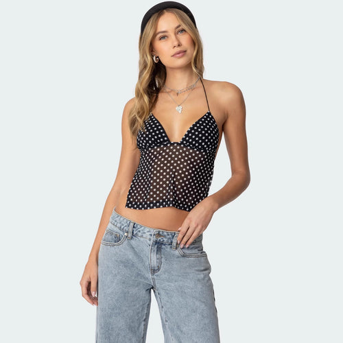 Damen Polka Dot Top mit zarten Trägern und figurbetontem Schnitt Echo Archiv