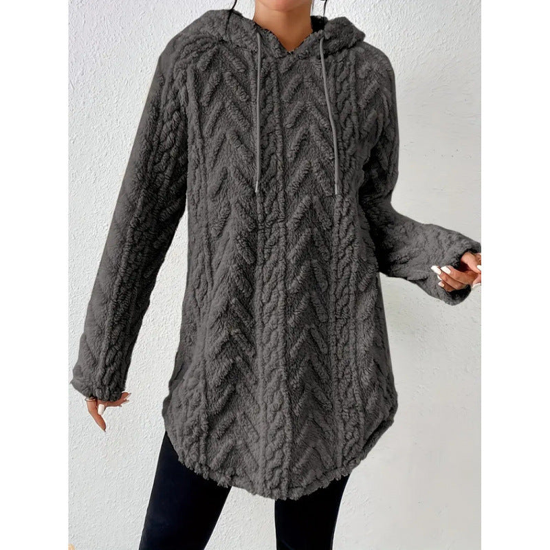 Damen Kuscheliger Teddy-Hoodie mit Zopfmuster Tunnelzug und gerundetem Saum Echo Archiv