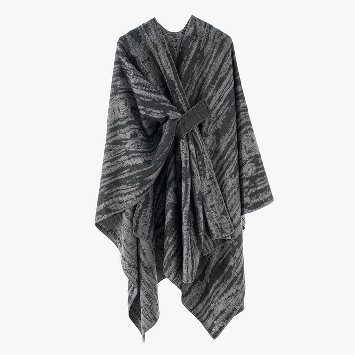 Damen Jacquard-Cape-Überwurf mit strukturierter Wellenoptik, Bindegürtel und asymmetrischem Zipfelsaum – Montévia