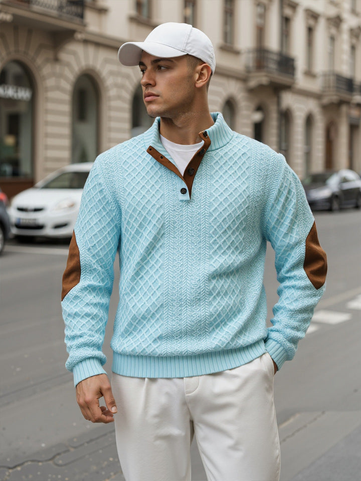 Herren Troyer-Pullover mit Stehkragen, strukturierter Strickoptik und Kontrast-Ellbogenpatches Echoarchiv