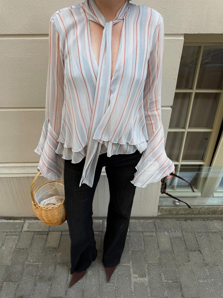 Damen Gestreifte Chiffon-Bluse mit Bindeschleife, Volant-Saum & Glockenärmeln Echoarchiv