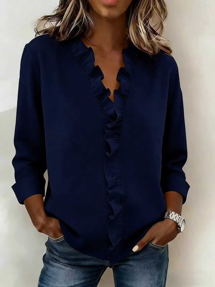 Damen leichte Bluse mit Rüschens V-Ausschnitt, 3/4 Ärmeln und lockerer Schnitt – Élovi