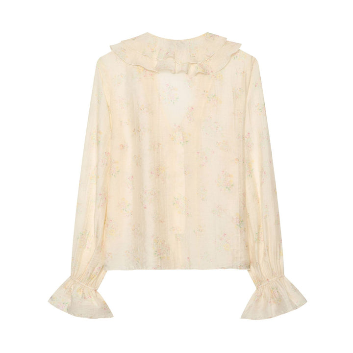 Damen Leichte Chiffonbluse mit Volantkragen V‑Ausschnitt und gerafften Manschetten Echo Archiv