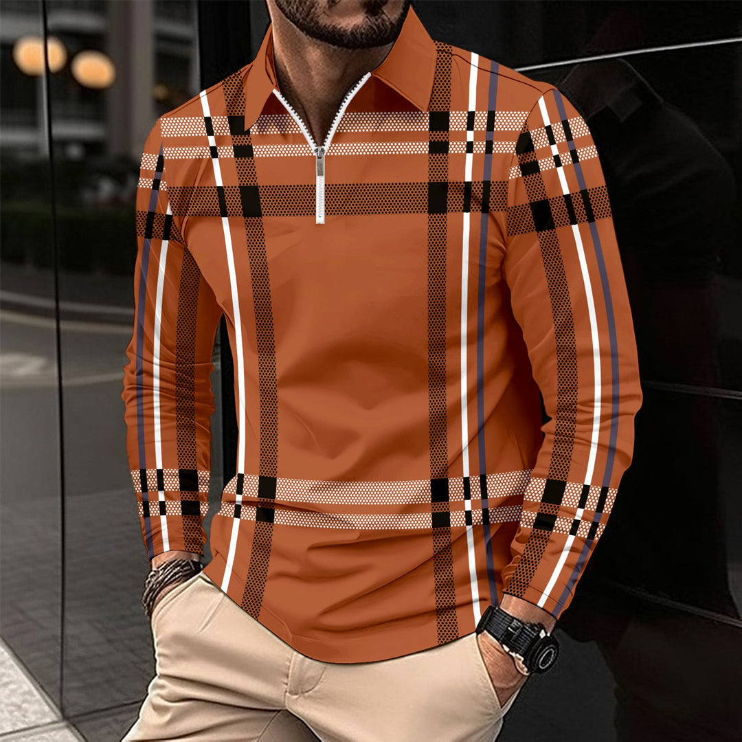 Herren modisches Langarmshirt mit modernem Zip-Kragen und auffälligem Karomuster Echoarchiv