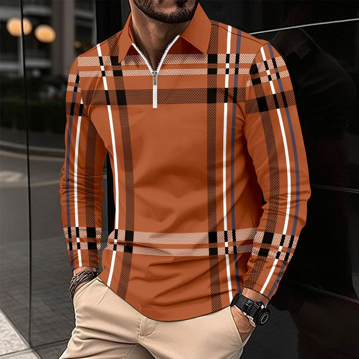 Herren modisches Langarmshirt mit modernem Zip-Kragen und auffälligem Karomuster Echoarchiv