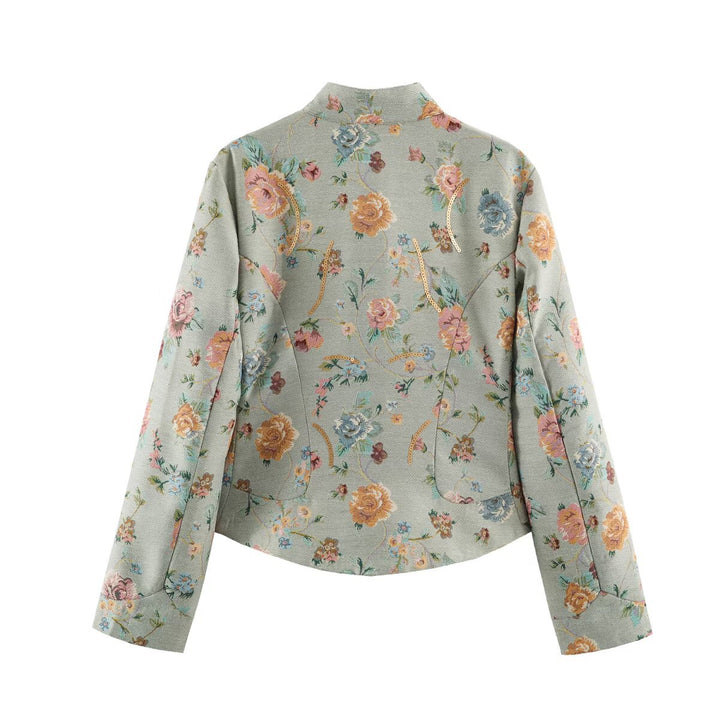 Damen geblümte Jacquard‑Kurzjacke mit Stehkragen, Pattentaschen und Paillettenbesatz Echo Archiv
