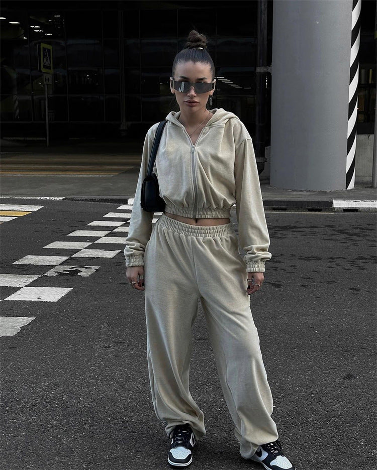 Damen nan Samt-Trainingsanzug zweiteilig mit cropped Kapuzenjacke und hoher Taille Jogginghose Echo Archiv
