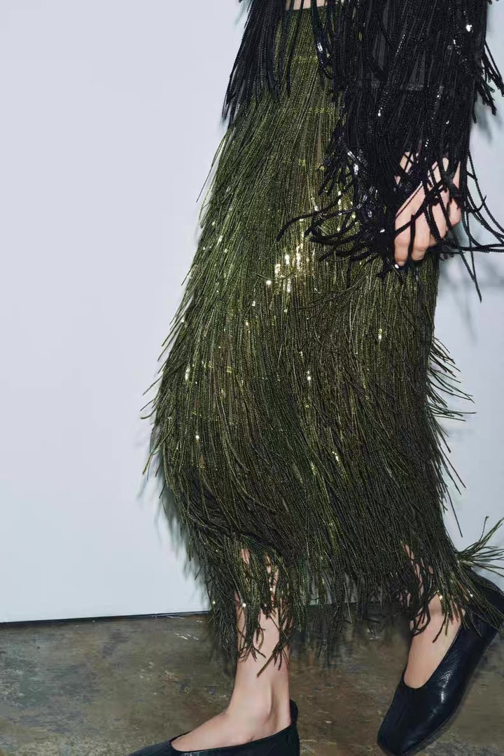 Damen Fransenrock aus schimmerndem Material mit eleganten Details Echo Archiv