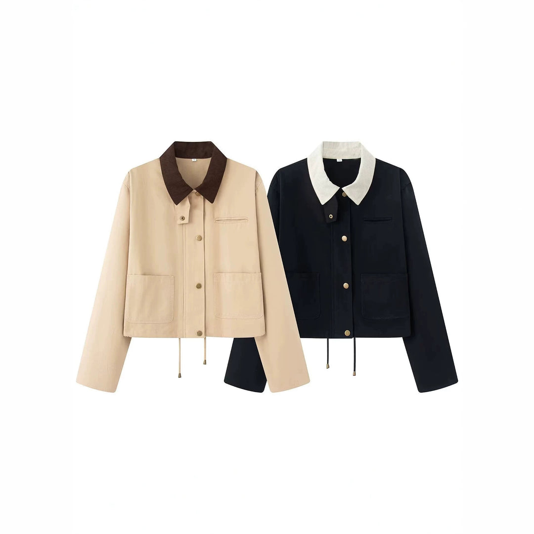 Damen Kurze Boxy-Übergangsjacke mit Cordkragen, Kordelzug und aufgesetzten Taschen Echoarchiv