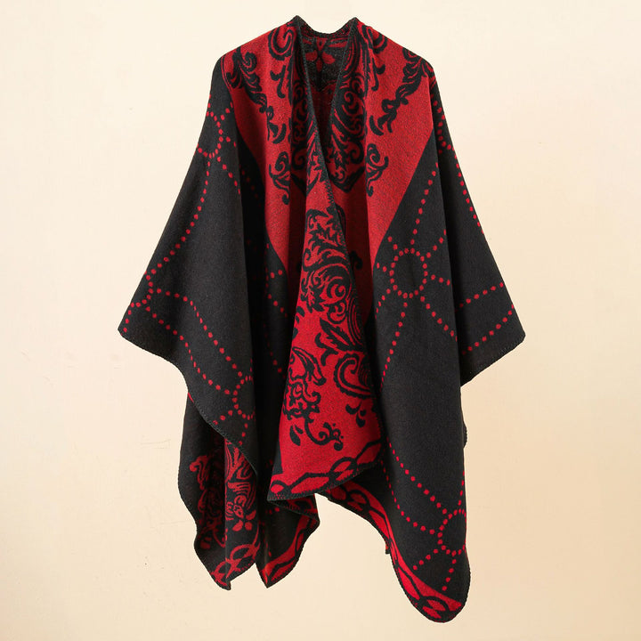 Damen Jacquard-Ruana im Umhangstil mit kontrastierender Kettelsaum Echo Archiv