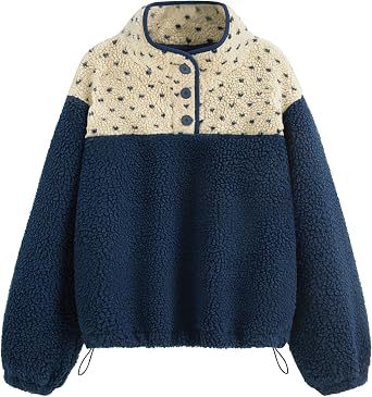 Damen Teddy-Fleece-Pullover mit Stehkragen, Druckknopfverschluss und Kordelzug – Mavelle