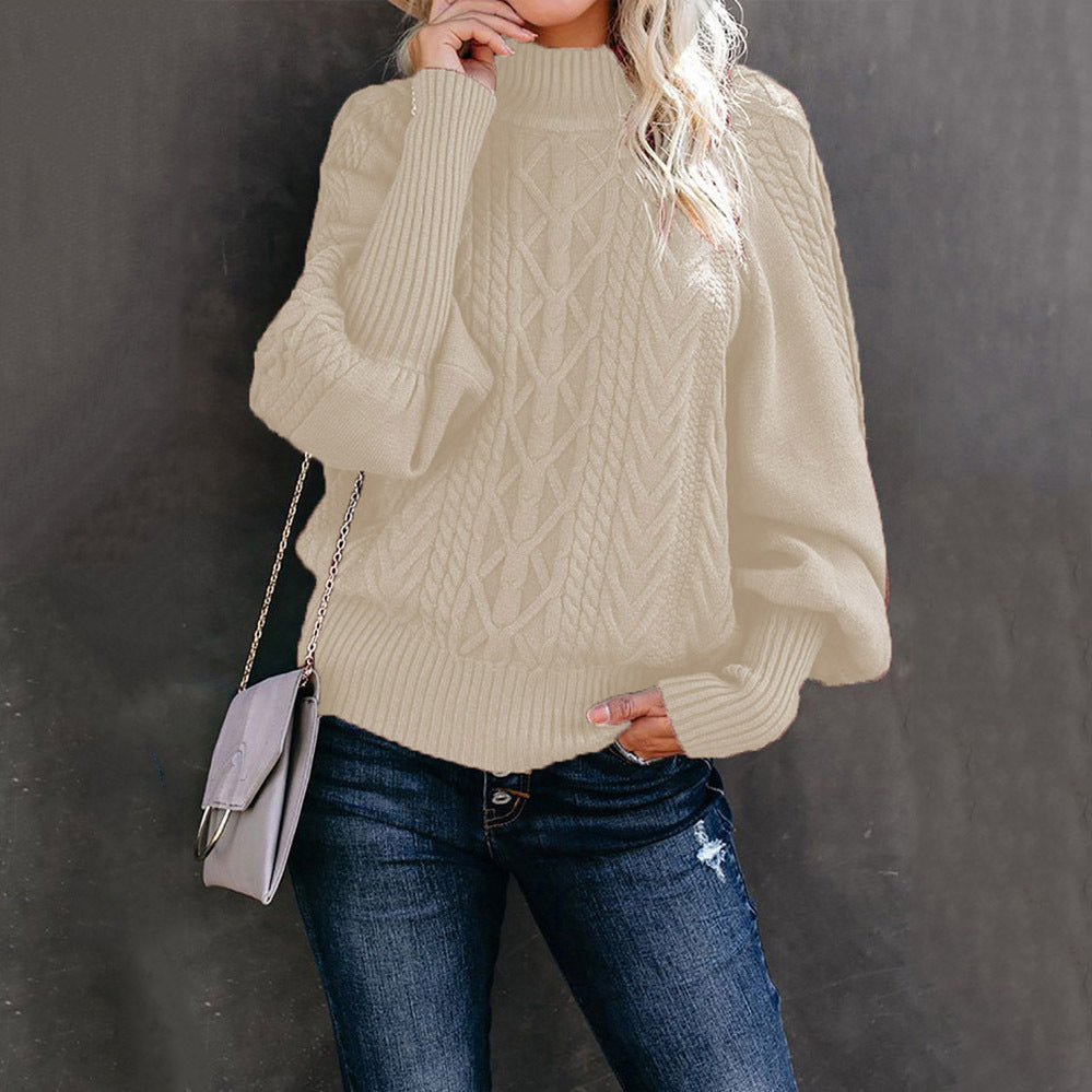 Damen nan Zopfmuster-Strickpullover mit Rollkragen und Ballonärmeln Echo Archiv