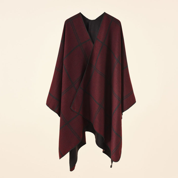 Damen Leichter Karierter Wollmix-Ruana Poncho mit V-Ausschnitt Echo Archiv
