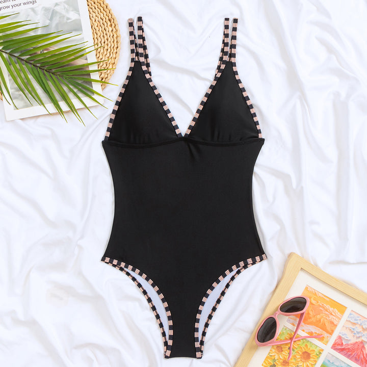 Damen Eleganter Einteiler Badeanzug mit stylischem V-Ausschnitt und Karodetails Echo Archiv