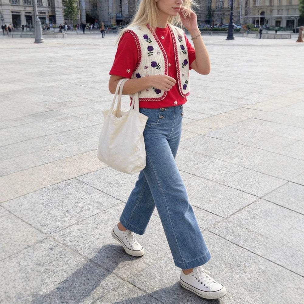 Damen Bestickte Kurz-Weste im Boho‑Chic mit floralen Applikationen Echoarchiv
