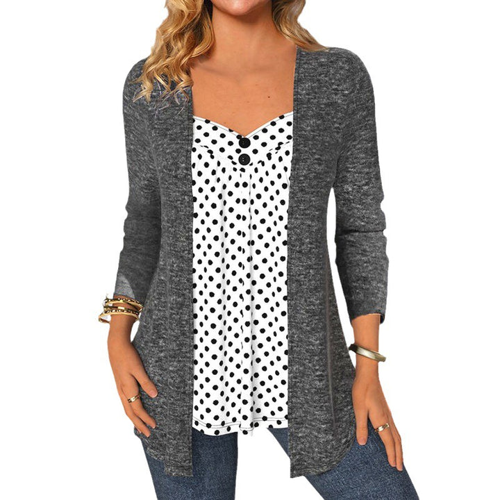 Damen Offener Longcardigan mit integriertem Tupfen-Einsatz und figurumspielender Innenbluse – Avérine