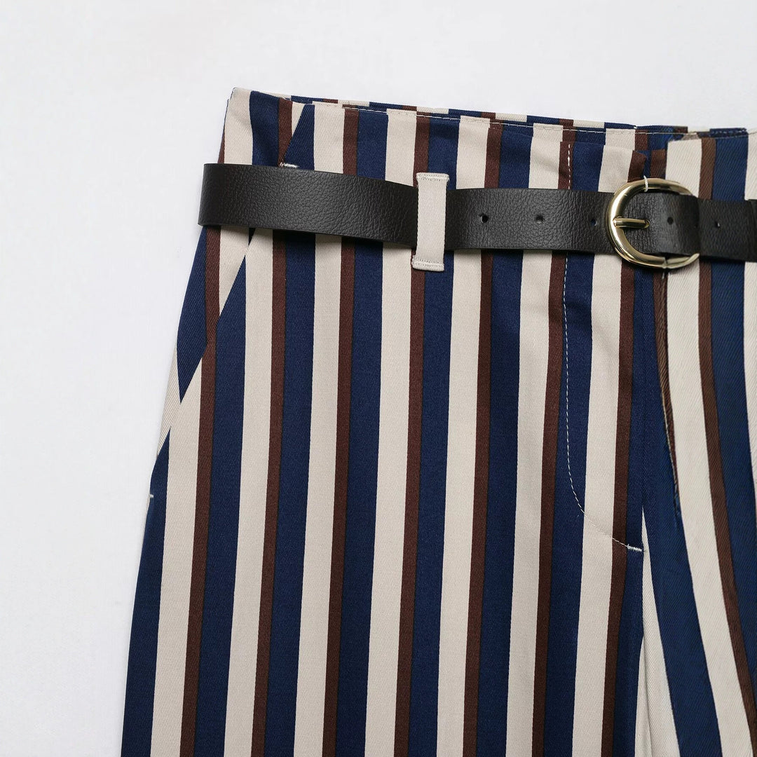 Damen Weite High‑Waist Culotte‑Hose mit verticalem Streifenmuster und Ziergürtel Echo Archiv