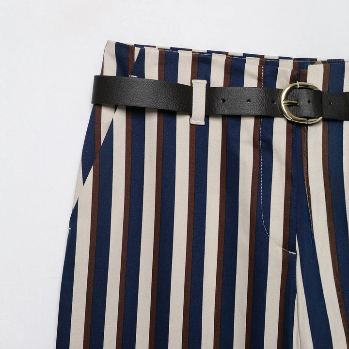 Damen Weite High‑Waist Culotte‑Hose mit verticalem Streifenmuster und Ziergürtel Echo Archiv
