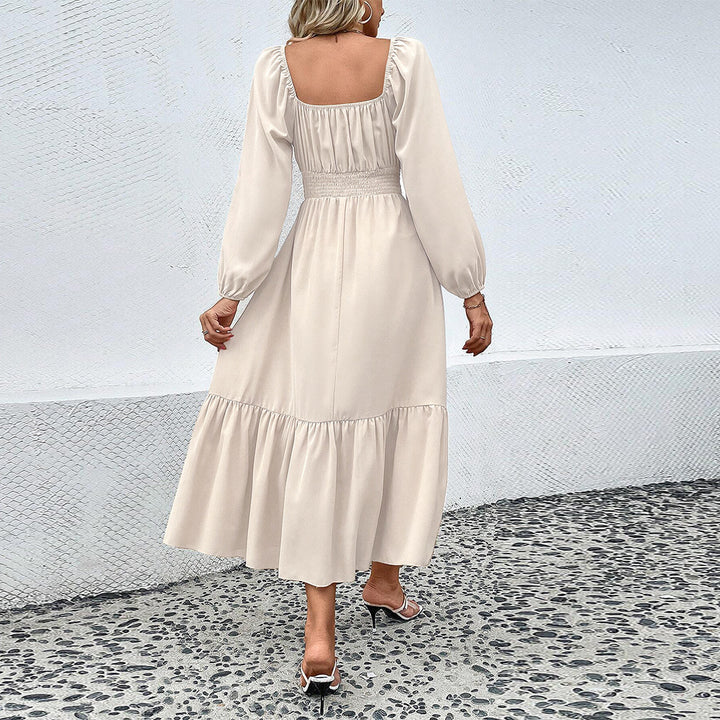 Damen gerafftes Midikleid mit Smok-Taillenbund, eckigem Ausschnitt, langen Puffärmeln und stufigem Volantrock – Élara