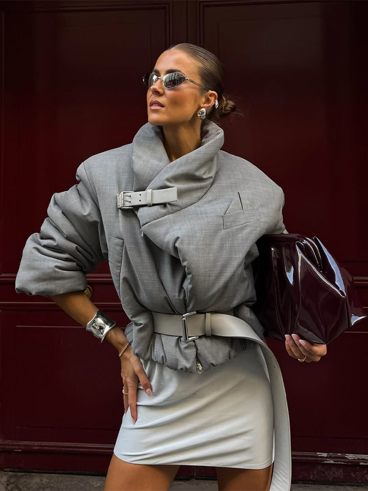 Damen wattierter Oversize-Blazer mit hohem Schalkragen und Taillengürtel Echoarchiv