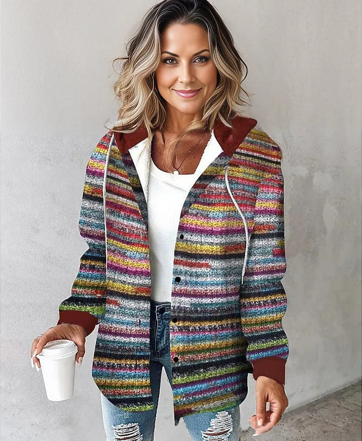 Damen Kapuzencardigan mit Streifen und Druckknopfblende Echoarchiv
