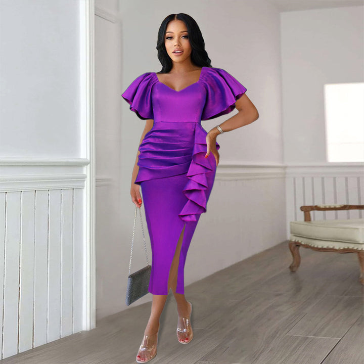Damen Elegantes Maxikleid mit voluminösen Ärmeln und asymmetrischem Rüschen-Design Echo Archiv