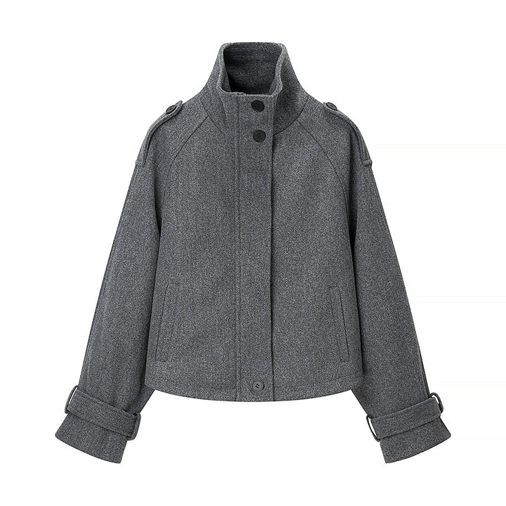 Damen Kurz geschnittene Wollmix-Croppedjacke mit Stehkragen, Schulterklappen und verstellbaren Ärmelriemen Echo Archiv